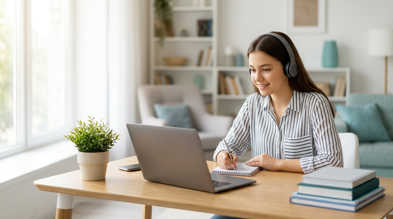 Student in a live 1-on-1 online lesson — headphones on, notebook open, laptop on the desk