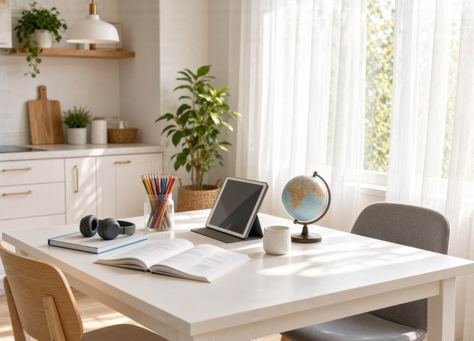 A bright homeschool table with workbooks, pencils and a tablet