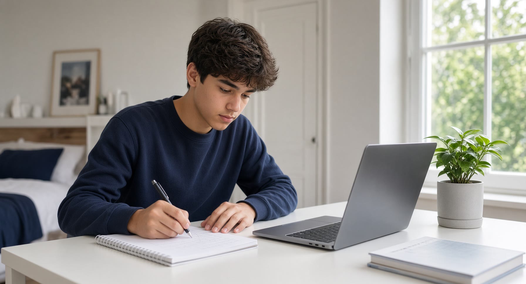A focused teenager studying in a bright modern room