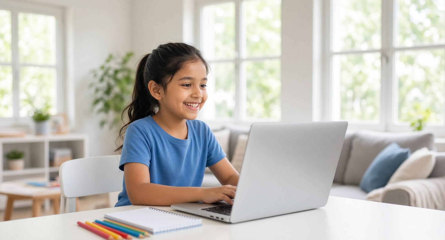 A happy young student learning on a laptop