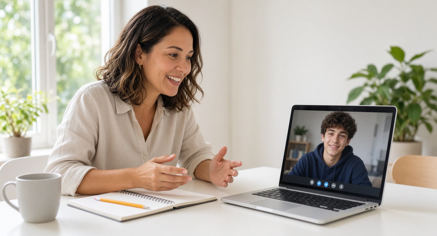 Bright live online tutoring session at a white desk
